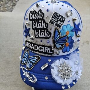 Embellished Blue and White Cap with Butterfly Design